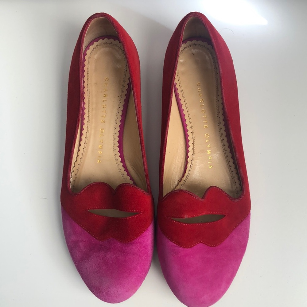 Charlotte Olympia red and pink kiss loafers